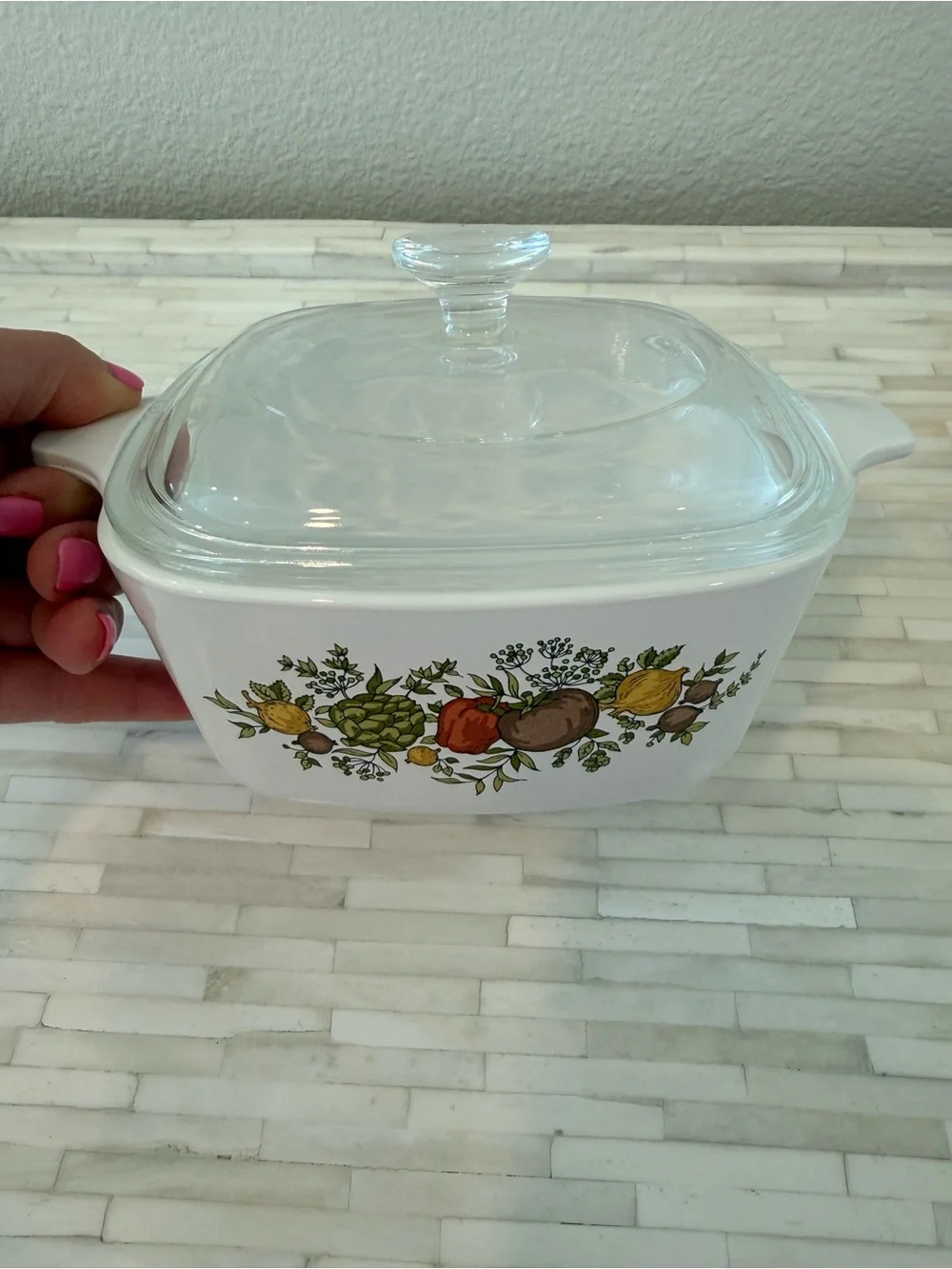 Corningware White Covered Casserole with Colorful Vegetable Motif